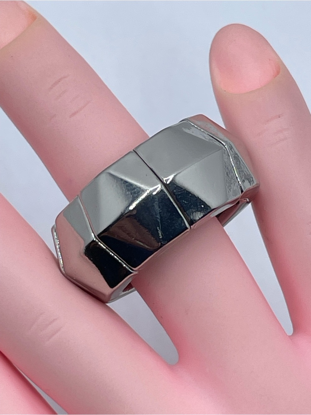 Silver Tone Geometric Stretch Ring Chunky Modern Statement Band